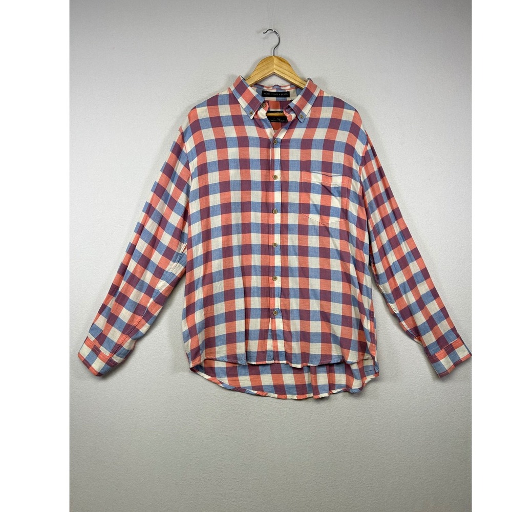 Preppy Vintage 1946 Mens XL Pink Blue Plaid Cotton Button Down Shirt Long Sleeve